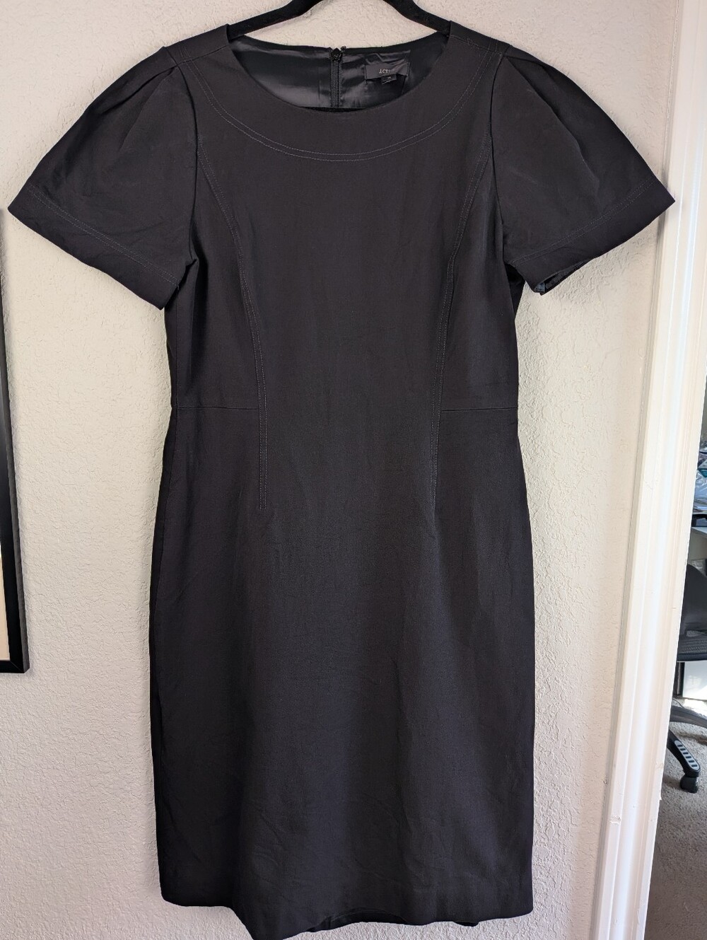 J.Crew Bi-Stretch Cotton Gathered Sleeve Sheath Dress Size 10 Black Pencil Work